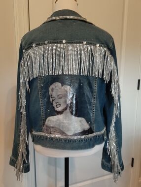 Marilyn Monroe Fringe Denim Jacket XXL Rhinestone Western Glam Apt 9